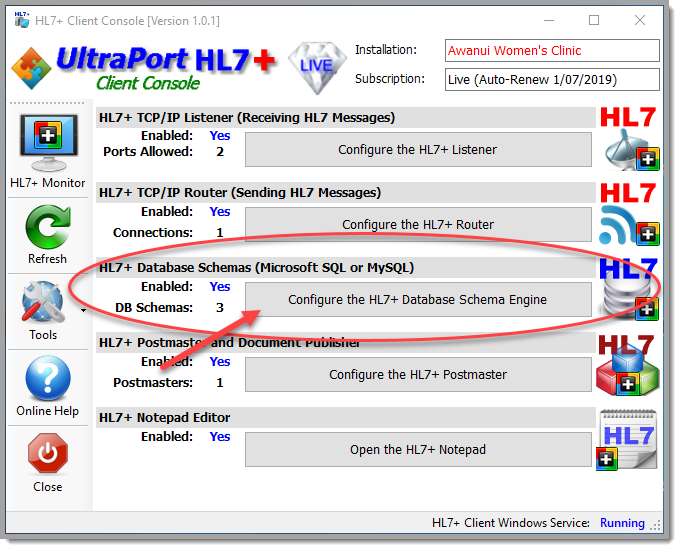 Click the 'Configure the HL7+ Database Schema Engine' button'