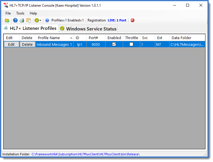 HL7+ Listener Main Window (Listener Profiles)