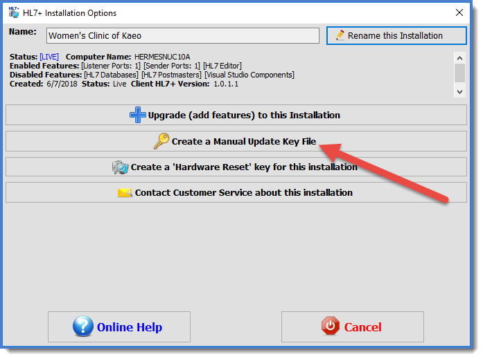 Click Create a Manual Update Key File