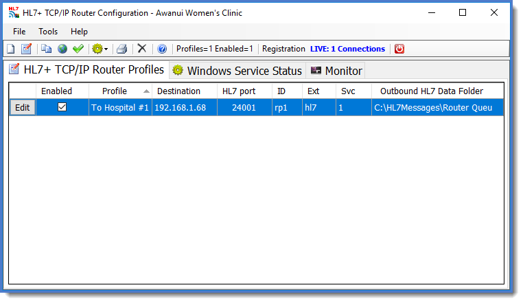 HL7+ Router Main Window (Router Profiles)