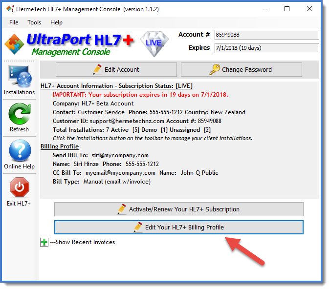 Click Edit Your HL7+ Billing Profile