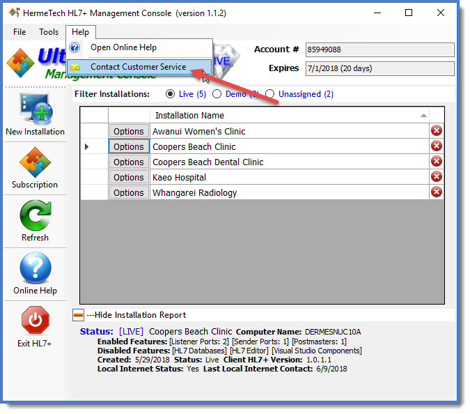 Click 'Contact Customer Service' in the Tools menu