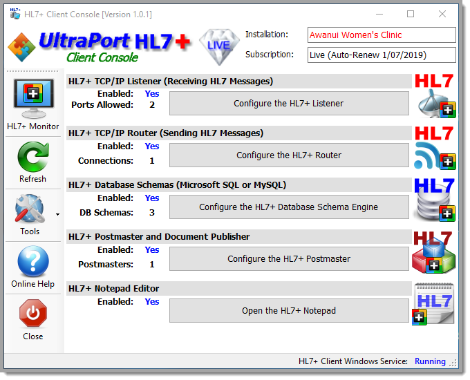 The HL7+ Client Console (Main Window)