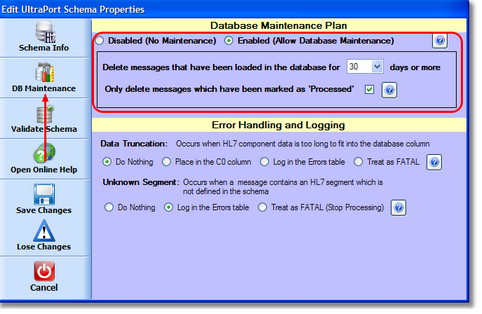 Schema Database Maintenance Settings