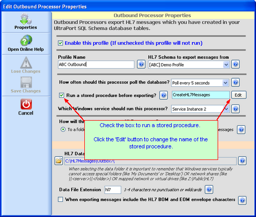 Outbound Processor Properties Window