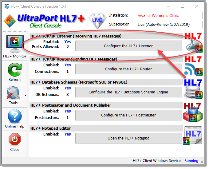 Just click the 'Configure the HL7+ Listener' button