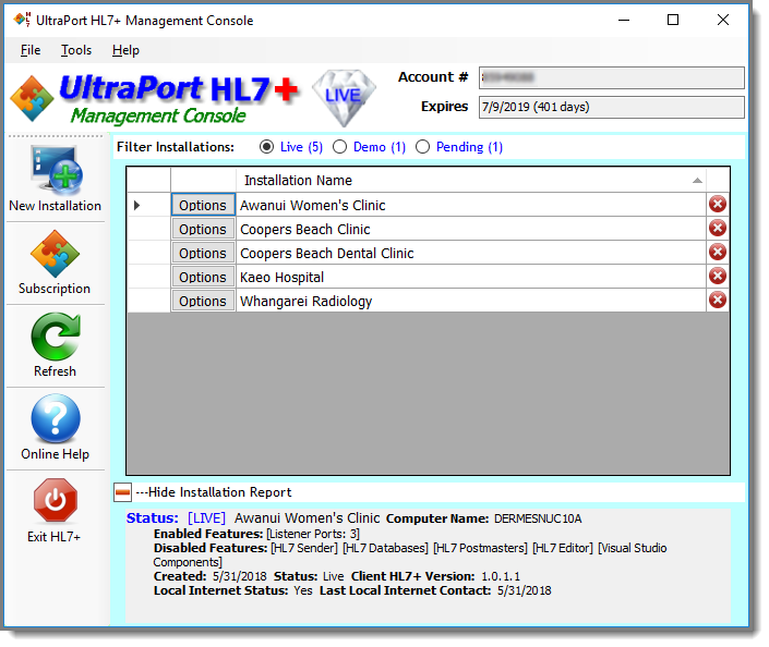 The HL7+ Management Console (Installations View)